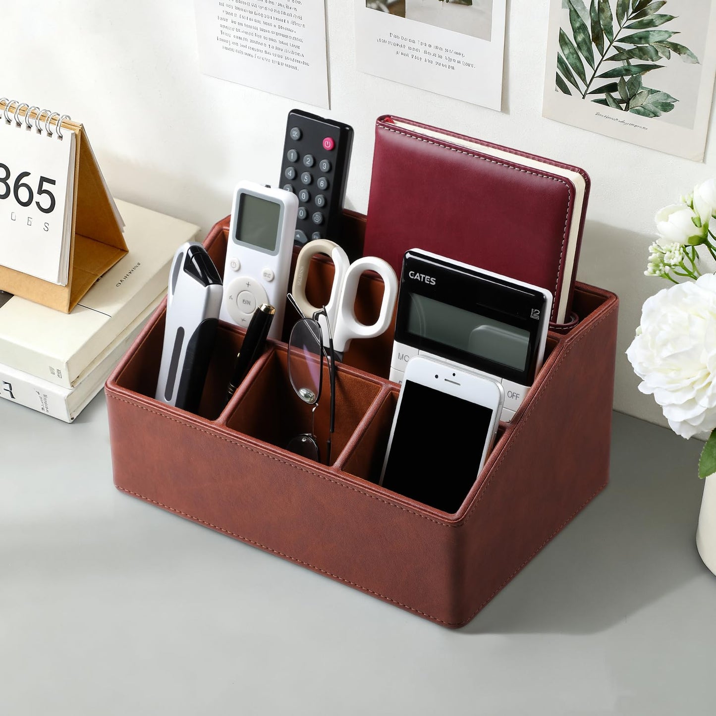 Cretkhp Desk Organizer Caddy with 5 Compartments for Office Art Supplies, PU Leather Nightstand Organizer Pencil Pen Desk Caddy for Home, Desktop TV Remote Control Holder Storage (Brown)