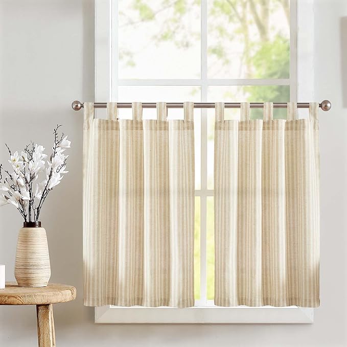 jinchan Tab Top Linen Kitchen Curtains 36 Inches Striped Tier Curtains Farmhouse Modern Cafe Style Small Window Treatments Airy Light Filtering Rod Pocket for Living Room Bathroom 2 Panels Beige
