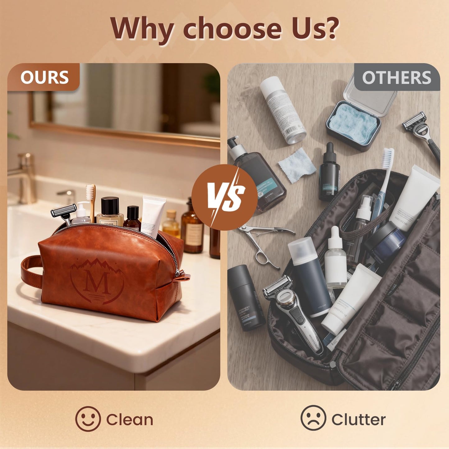 Mens Toiletry Travel bag,Personalized Toiletry Bag for Men,Water Resistant PU Leather Toiletry bag Men,Brown Toiletries Travel Bag for Shaving,Birthday Gifts for Men Him Father Husband Dad -M