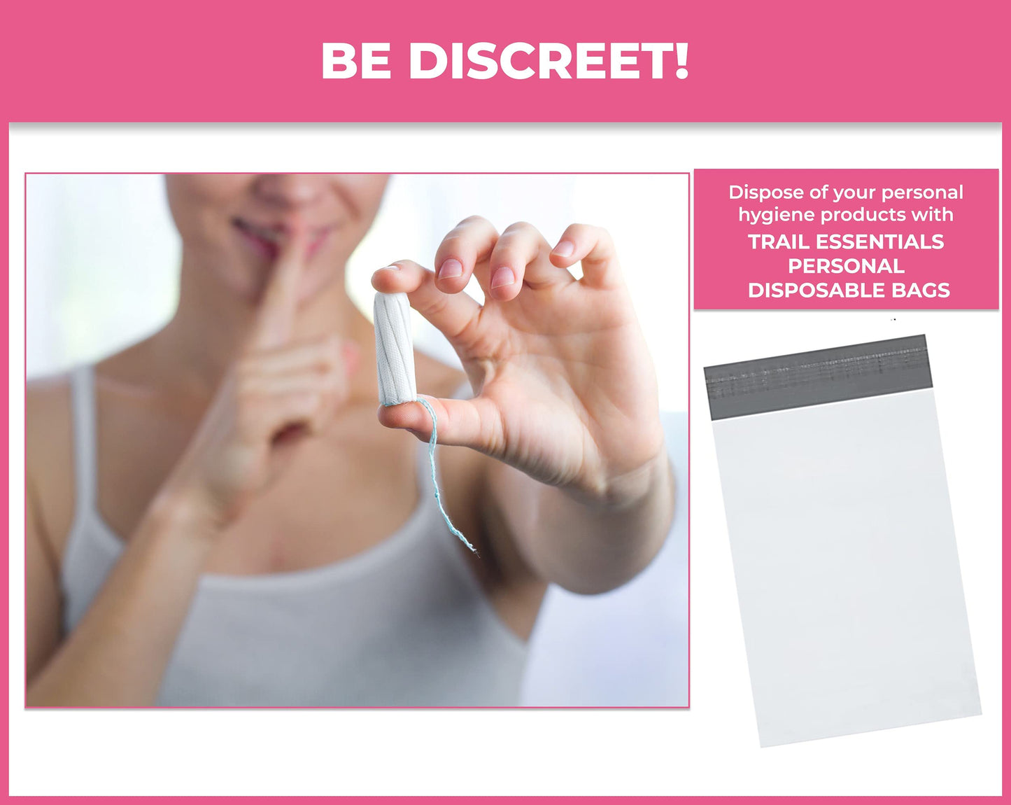 Trail Essentials Feminine Personal Disposal Seal Bags- 100 White Opaque Seal Bags for Sanitary, Discreet Disposal for Tampons, Pads, and Liners (Pink)