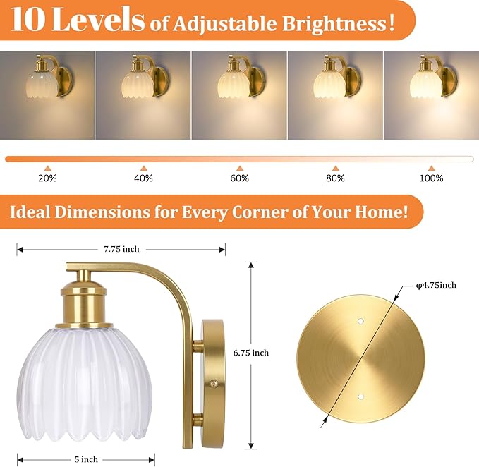 Rechargeable Battery Operated Wall Sconce Set of Two with Milky White Glass Lampshade, Wireless Wall Scone Decor with Remote Control, 15 Colors Gold Wall Light for Bedside Hallway Bedroom Doorway