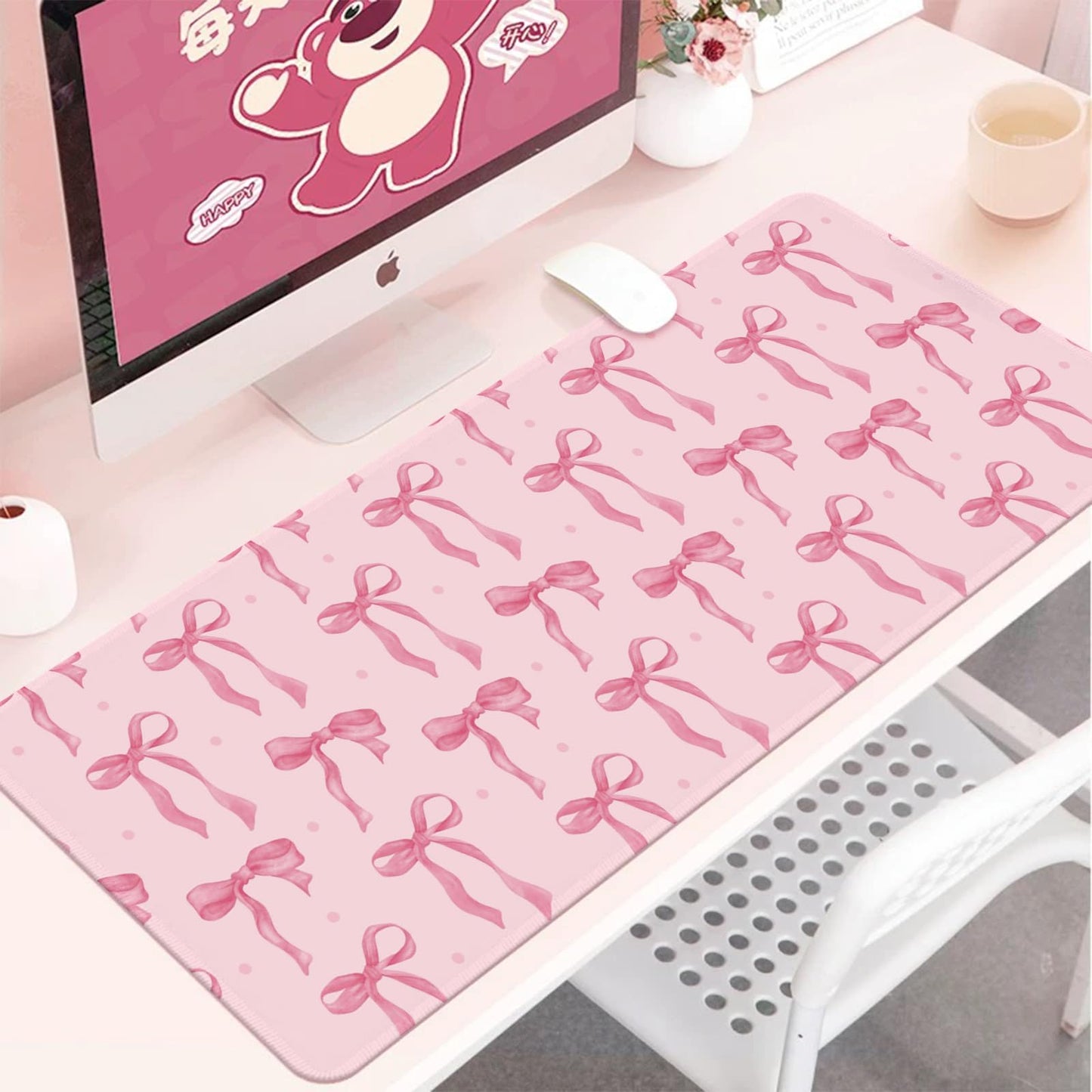 Pink Mouse Pad, Large Pink Desk Mat Bows Computer Mat, Gaming Keyboard and Mouse Pad Non-Slip Rubber Base, Stitched Edge, Cute Girly Office Supplies Desk Accessories Decor for Women 31.5 x 11.8in