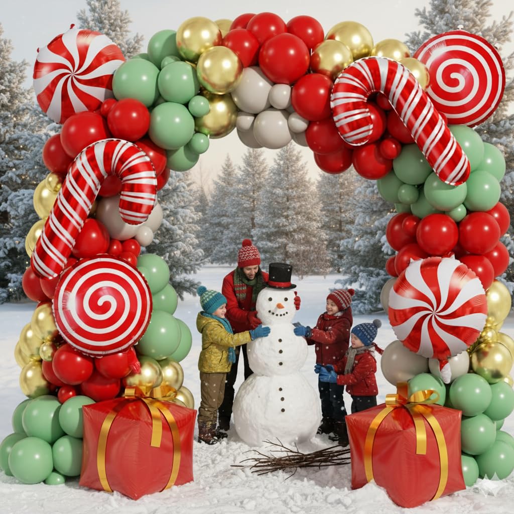 PTGOLUO 170Pcs Christmas Balloon Arch Garland Kit with Xmas Red Sage Green Gold White Sand Latex Balloons Gift Box Candy Cane Foil Balloons Arch Kit for Christmas New Year Party Party Decorations