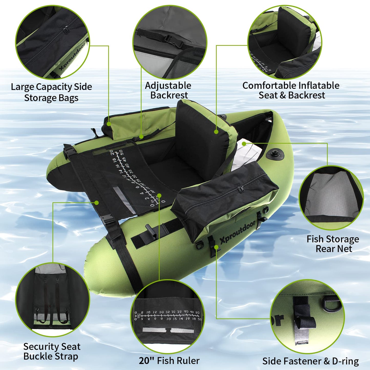 Xproutdoor Fishing Float Tube with Adjustable Backpack Straps, Storage Pockets, Fish Ruler, Fly Fishing Boat with Pump, Oar, Rod Holder and Mount, Fins, 350LBS Load Bearing Capacity, FT003,Green