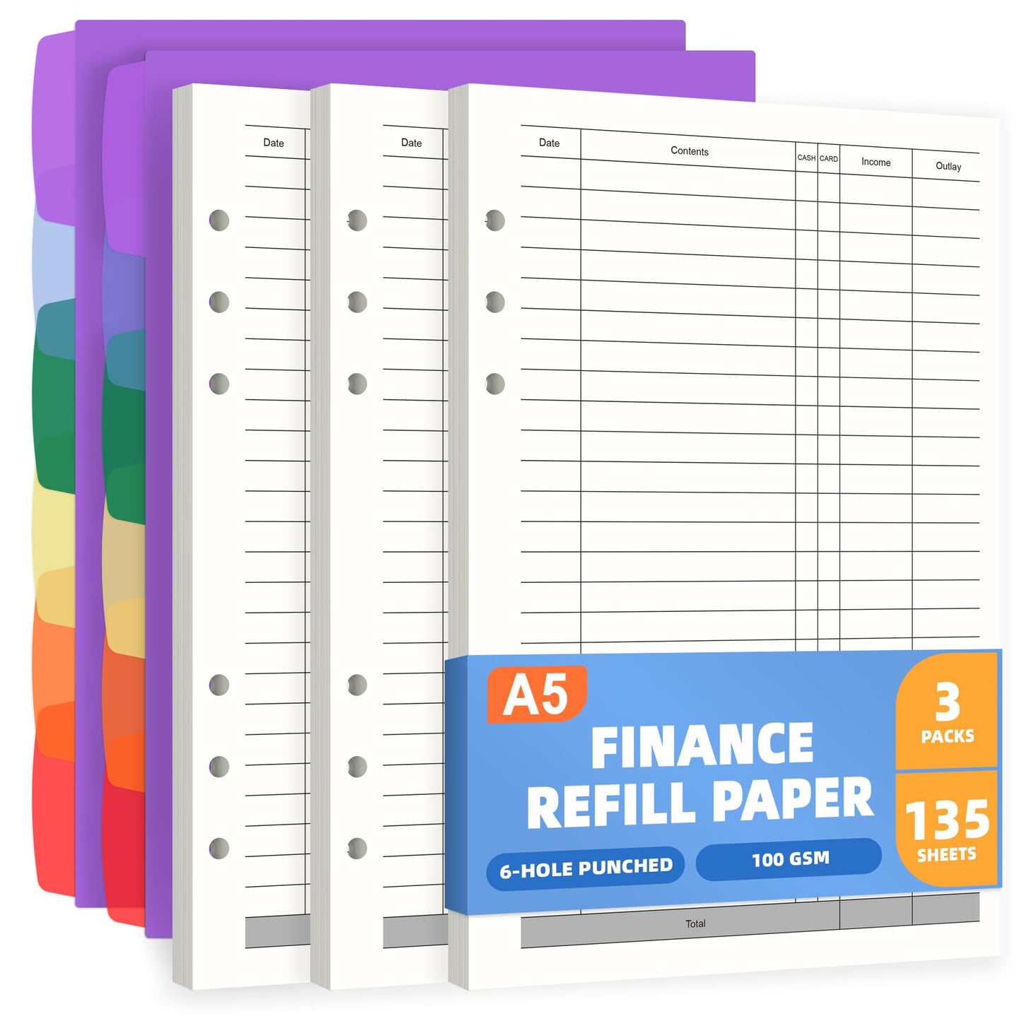 Antner A5 Finance Refill Paper Planner Refills, 135 Sheets 6-Hole Finance Records Loose Leaf Filler Paper with Binder Dividers for A5 6-Ring Budget Binder, Refillable Notebook, Accounting Book Inserts