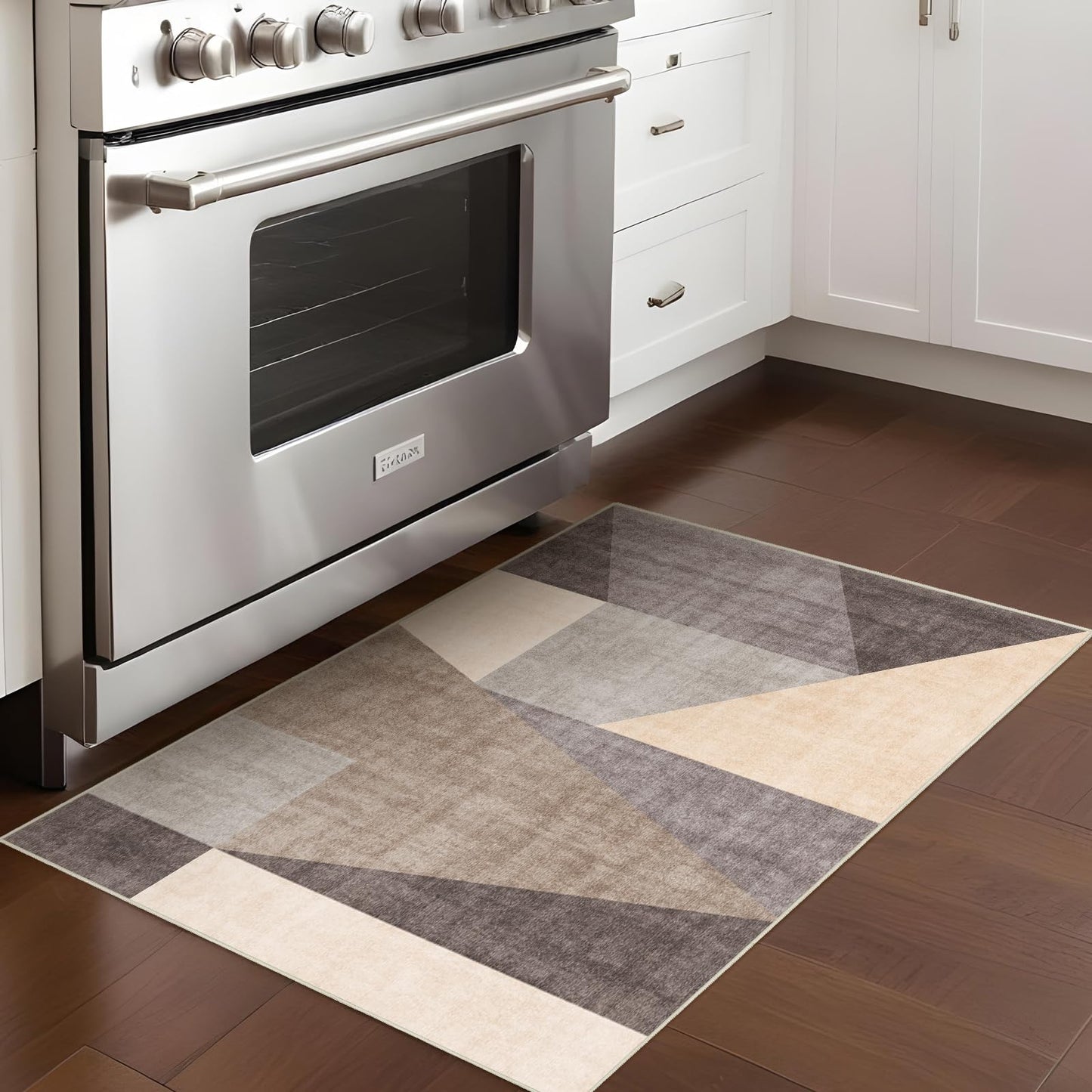 Washable Modern 2x3 Area Rug: Non-Slip Small Throw Carpet Pet Friendly Low Pile Mat for Entryway Kitchen Bedroom Bathroom Floor Stain Resistant Indoor Geometric Rug Brown/Grey