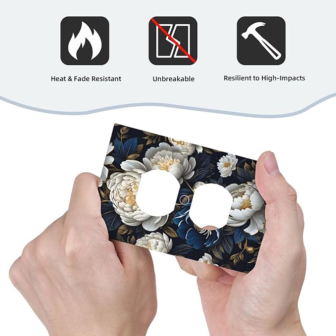 White Gold Blue Flower Light Switch Cover 1 Gang Outlet Plate Single Duplex Wall Plate Covers Decorative Switchplate Covers Electrical Faceplate for Home Decor