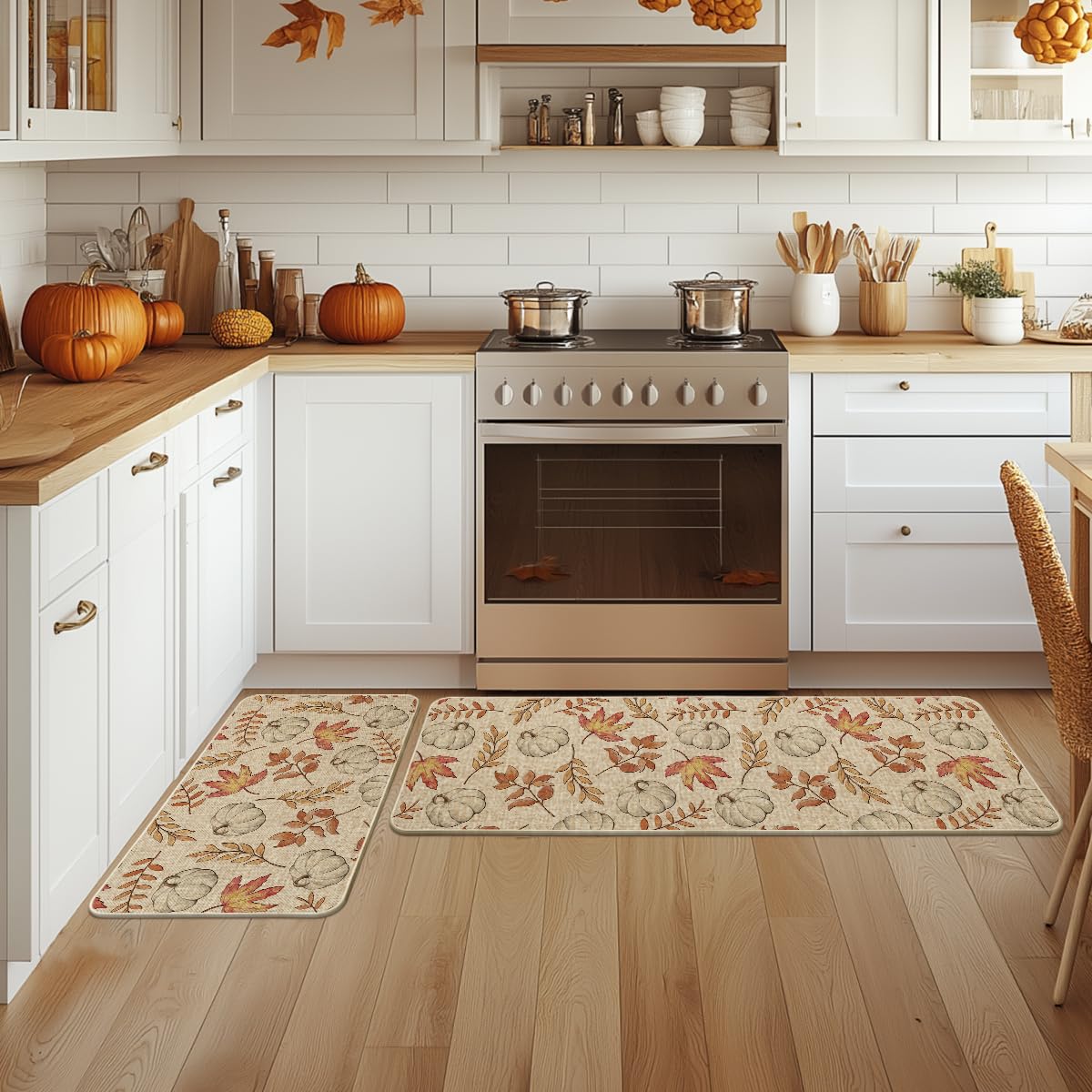 Artoid Mode Pumpkins Fall Kitchen Mats Set of 2, Autumn Maple Leaves Home Decor Low-Profile Kitchen Rugs for Floor - 17x29 and 17x47 Inch