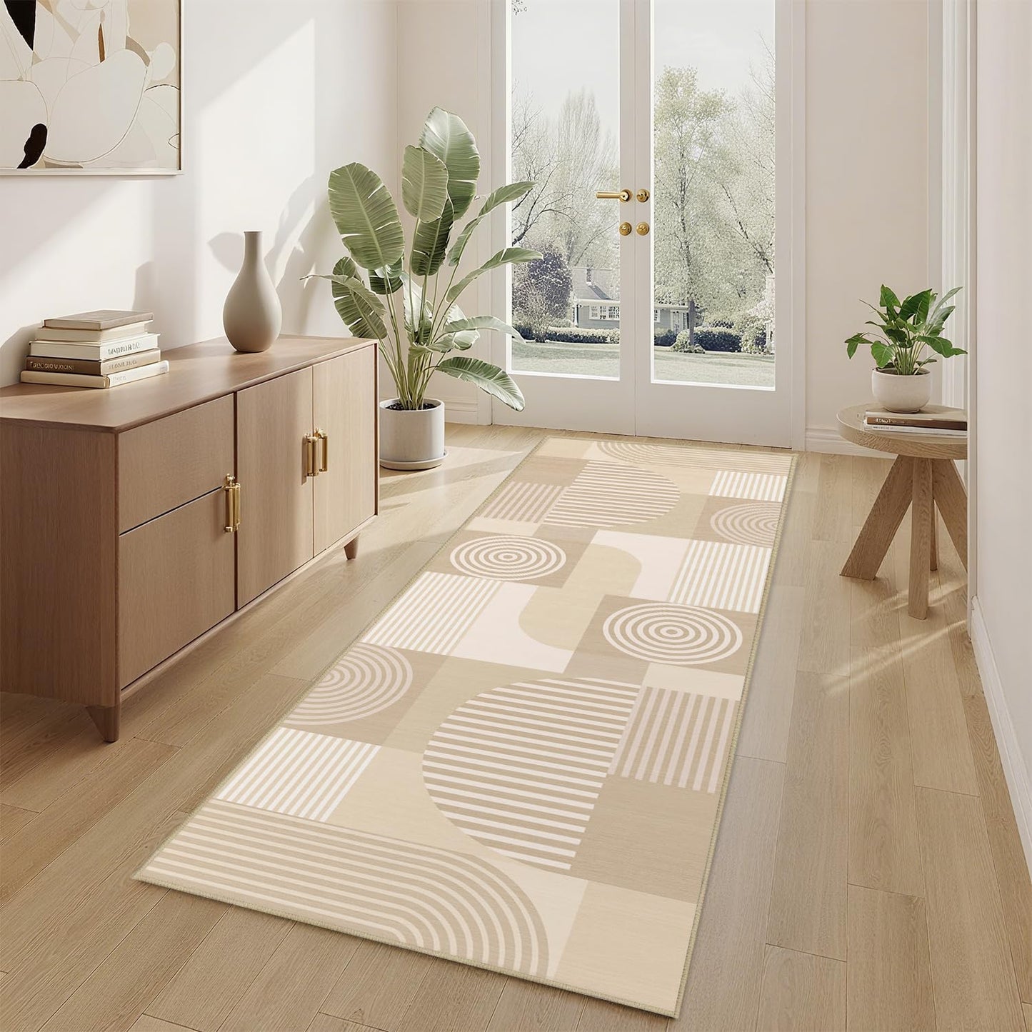 Glocmna Beige Geometric 2x6 Runner Rug for Hallway Kitchen Bedroom White Machine Washable Mid Century Modern Rug Non Slip Low Pile Minimalist Line Rugs Long Floor Mat Carpet for Bathroom Laundry,Beige