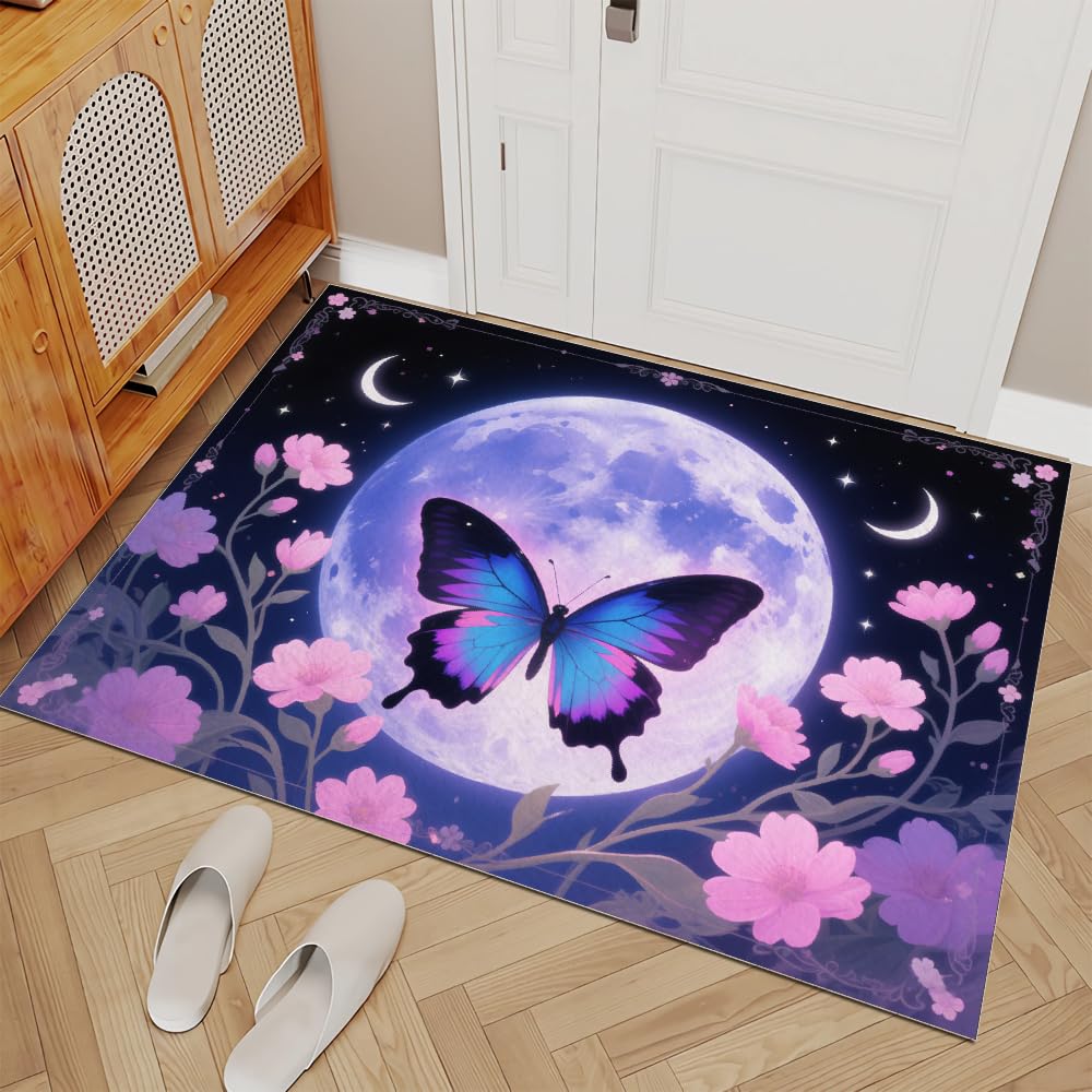Pink Flower Plants Area Rugs, 3x4ft, Shining Planet Moon 3D Print Pattern Carpet, Washable Rugs Mat, with Nonslip Backing Thermal Carpet, for Indoor Bedroom Living Room Home Office