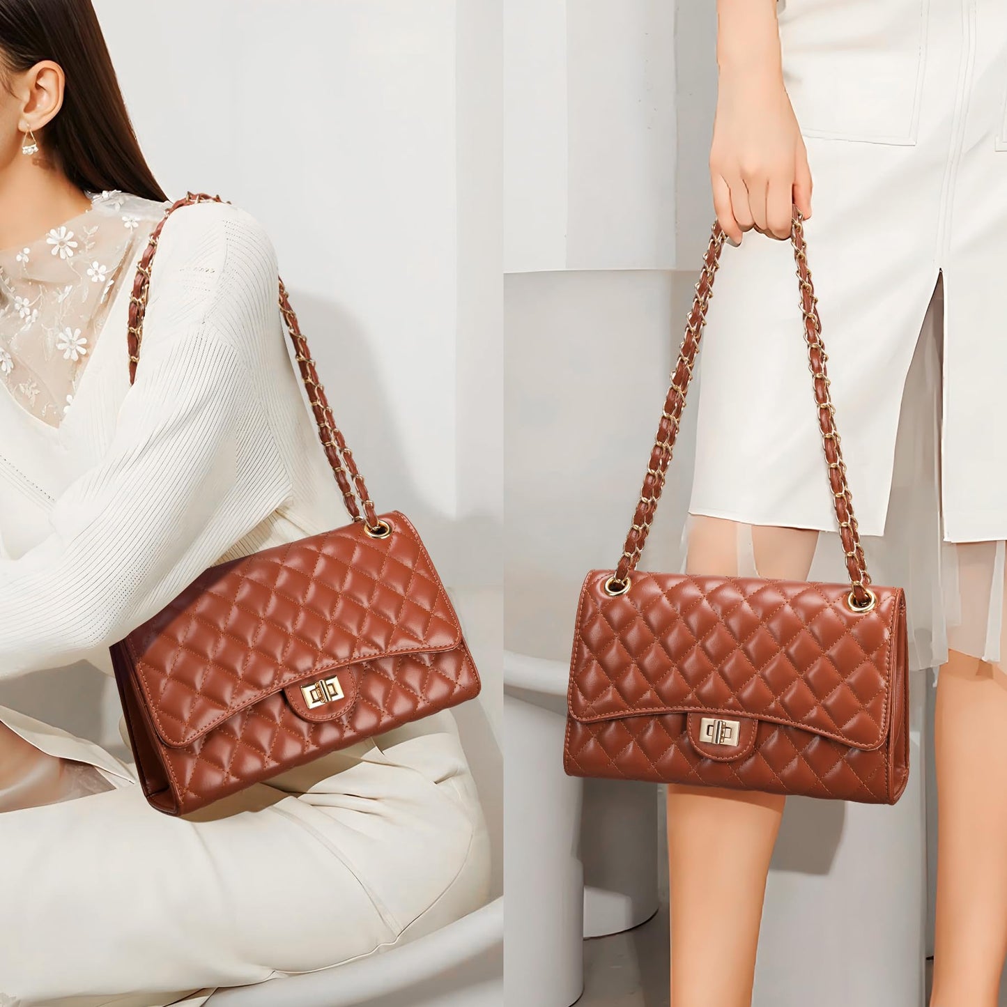 Quilted Crossbody Purse for Women Trendy Ladies Shoulder Bag with Chain Strap PU Leather Cross Body Bags Satchel HandBag,Caramel Brown