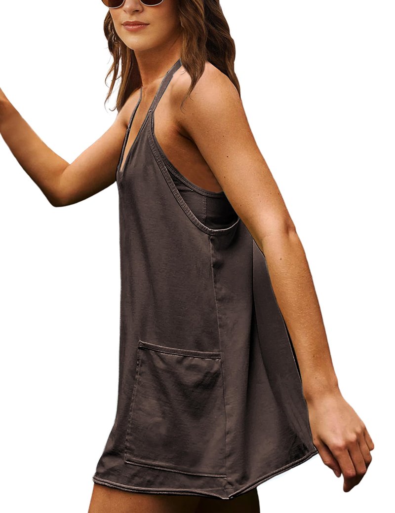 Lentta Womens Athletic Sleeveless Mini Dress with Built-in Shorts V Neck Spaghetti Strap Sundress(Coffee-XL)