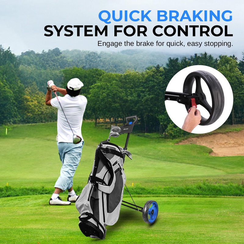 SereneLife Golf Push Pull Cart with Deluxe Scorecard Holder, Adjustable Handle, Upper & Lower Strap Brackets, Lightweight Foldable Design with Quick Brake & Compact Folding