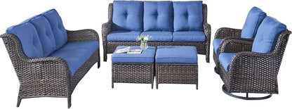 Rilyson Wicker Patio Furniture Set - 6 Piece Rattan Outdoor Sectional Conversation Sets with 2 Rocking Swivel Chairs,2 Ottomans and 2 Sofa for Porch Deck Garden(Brown/Blue)