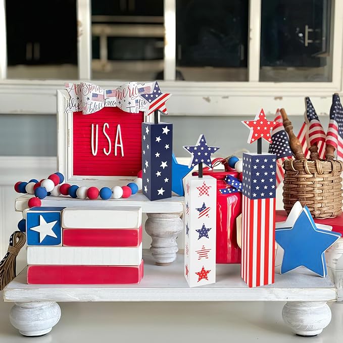 COCHIE 4th of July Decorations Set, Red White Blue Decor, Wooden Patriotic Memorial Day Tiered Tray Decor, Labor Day Decorations, Fourth of July Decoration for Home Office Table (Flag Cute)