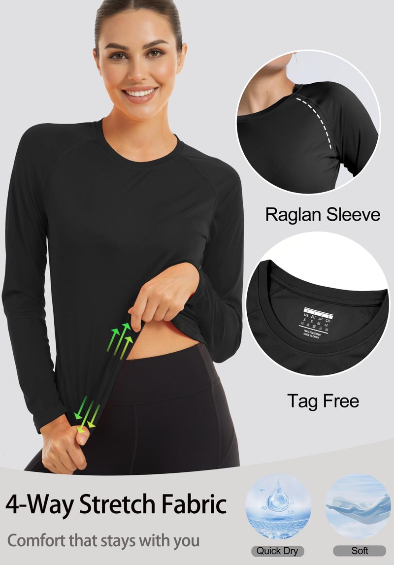KINSWT Swim Tops Women Long Sleeve Sun Protection UV Shirts Moisture Wicking Rash Guard Lightweight Shirts,Black M