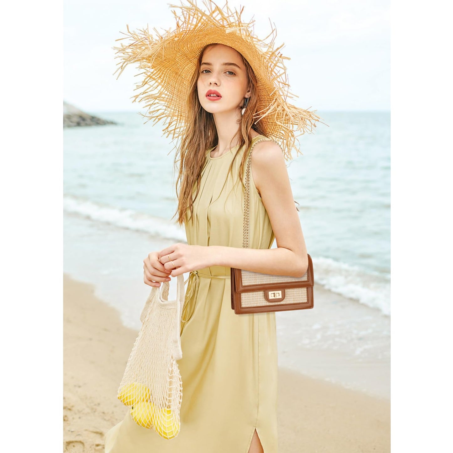 KKXIU Women Small Straw Beach bag Crossbody Bag Summer Shoulder Bag Beach Handbag Vegan Leather Purse (Brown)
