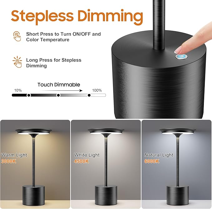 Cordless Table Lamp, Portable Rechargeable 6000mAh Outdoor Table Lamp, 3 Color Stepless Dimming Battery Powered Lamp, LED Table Light for Dinner/Restaurant/Outdoor (Black)
