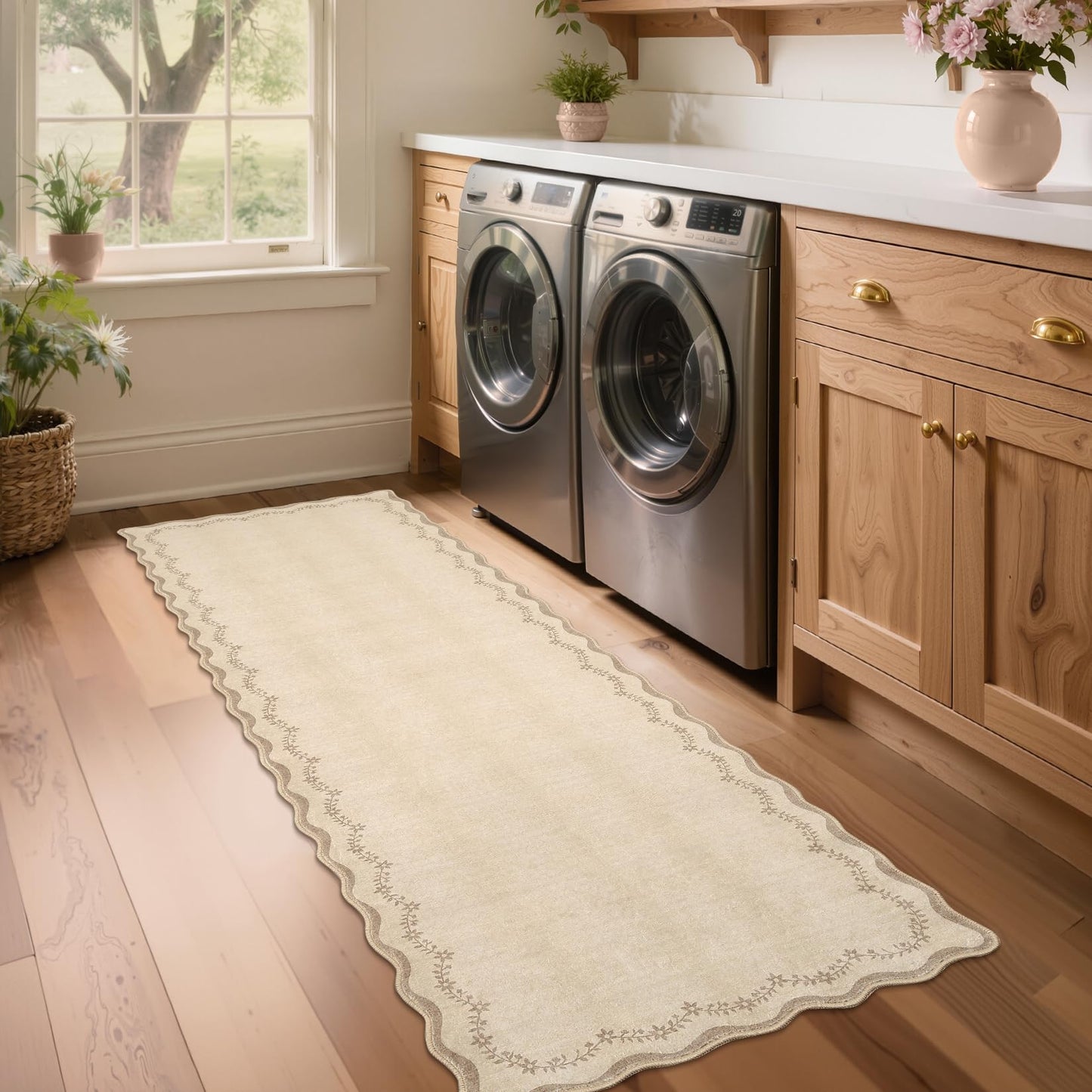 GarveeHome 2x6 Scalloped Washable Runner Rug for Kitchen, Soft Tan Jute Hallway Runner Non Slip Entryway Rug Farmhouse Thin Laundry Mat Stain Resistant Carpet for Bedroom Bathroom Beside Rug