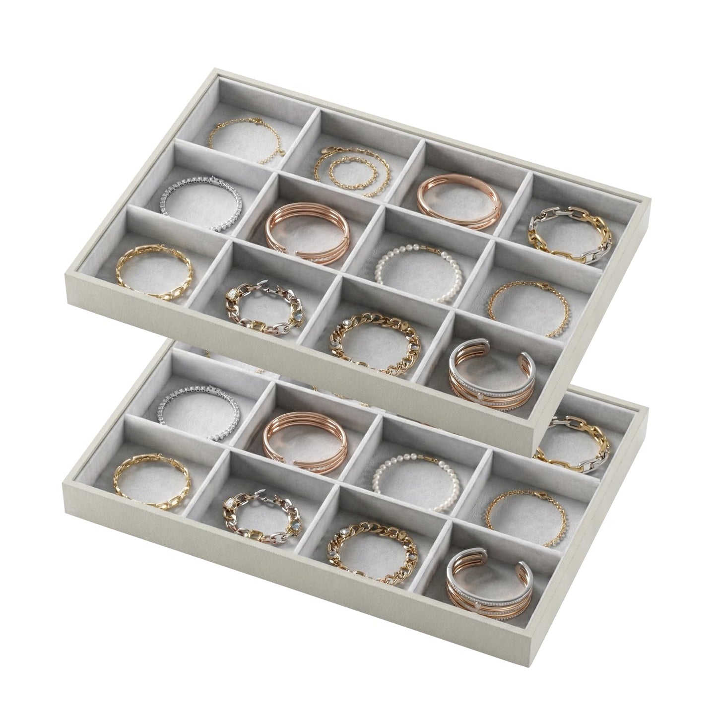 Gghenda 2-Piece Gray leather Stackable Jewelry Organizer Tray Set, Bracelet Ring Earring Holder Box, Necklace Display Stand for Storage and Retail Display (Necklace)