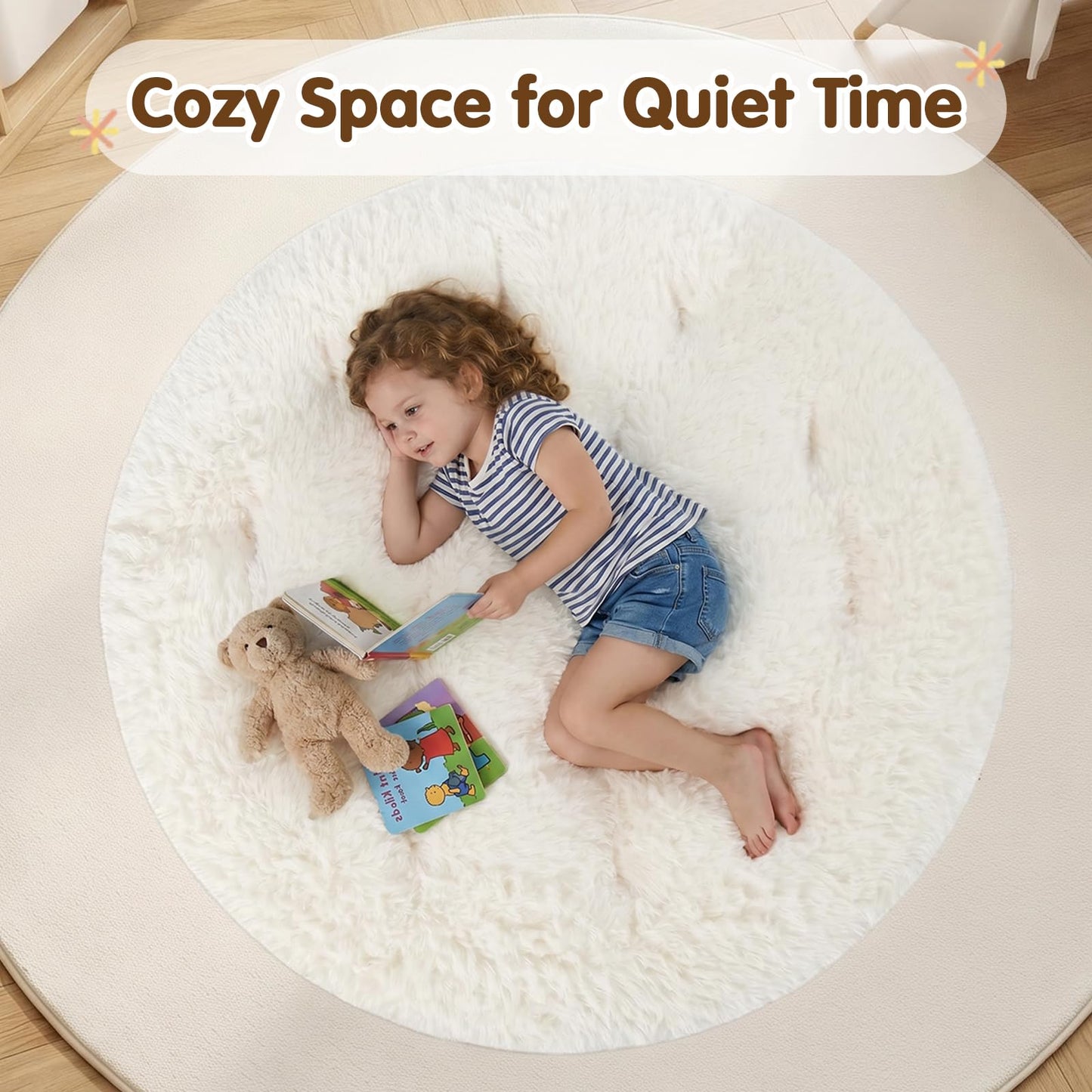 blue page Circle Kids Play Mat 5.9 in Thick, Round Padded Playmat for Ages 3+, Comfy Plush Floor Rug for Nursery Playroom Reading Corner, Large 47x47 in Beige