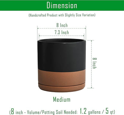 D'vine Dev 8 Inch Ceramic Planter Pot with Drainage Hole and Saucer, Indoor Cylinder Round Planter Pot, Black/Speckled Tan, 94-O-D-7