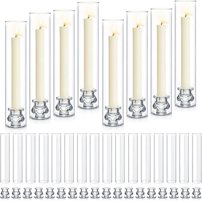 24 Set Hurricane Glass Candlestick Holders 12.6" Two Side Open Glass Candle Holders and 2.2" Taper Candlesticks Holder Bulk for Table Centerpiece Wedding Christmas Home Decor