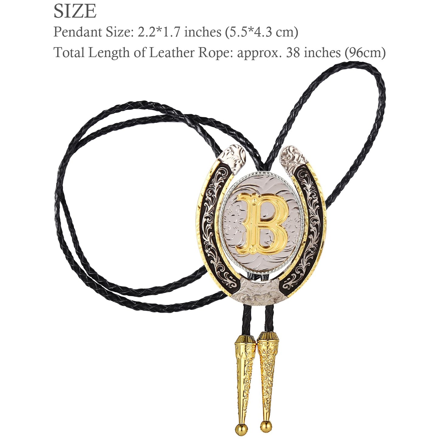 HUABOLA CALYN Gold Bolo Tie for Men- Golden Initial Letter ABCDMJR to Z Native American Western Cowboy Bolo Tie Leather Necklace Necktie Accessories for Women (B)