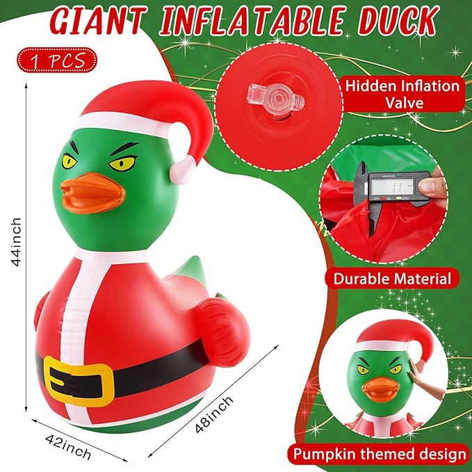 Hungdao 1 Pcs 4 Feet PVC Christmas Giant Inflatable Green Hair Monster Duck Huge Rubber Large Blow up Duck Christmas Pool Floats for Xmas Holiday Indoor Outdoor Pool Decorations