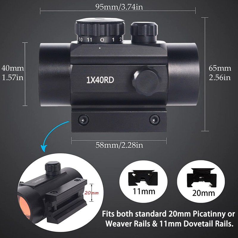 KASENTE 1x40 Red Green Dot Sight Rifle Scope with 20mm / 11mm Picatinny Dovetail Rail Mount
