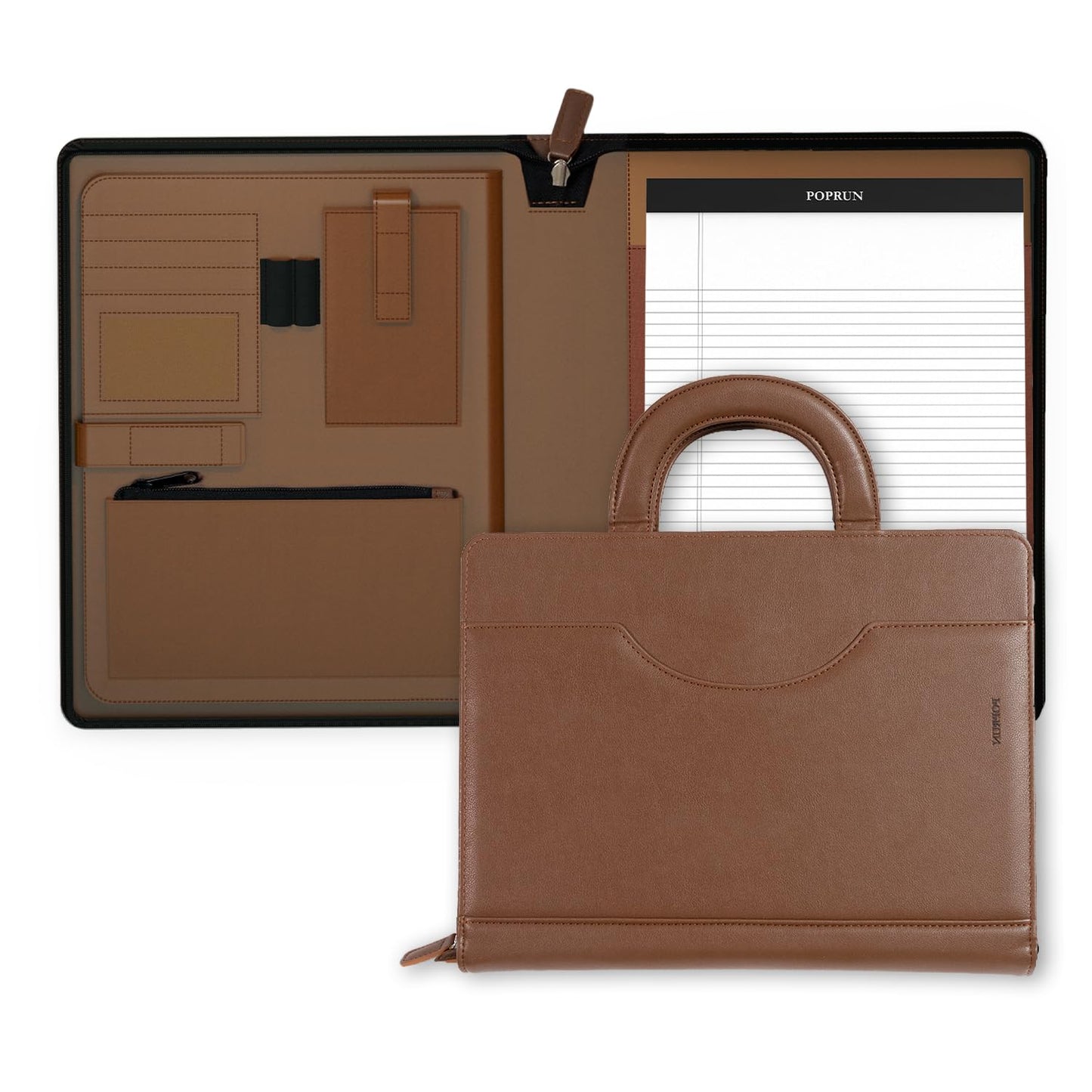 POPRUN Professional Zippered Portfolio Binder - Leather Padfolio Organizer with Notepad, Tablet Sleeve & Handles for Business, Meetings, Interviews, and Daily Office Use, Brown
