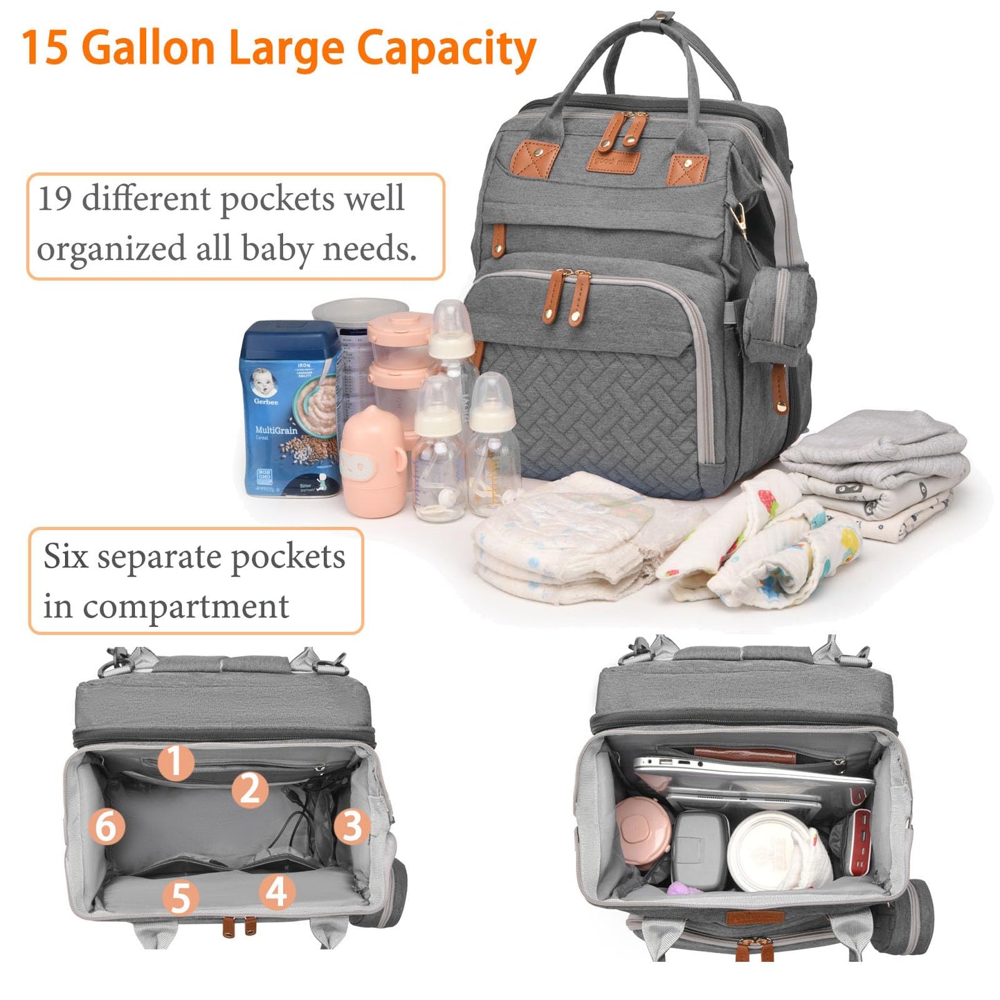 Astro alan Baby Diaper Bag with Changing Station, Waterproof Diaper Bag Backpack for Moms Dads with USB Charging Port, Baby Shower Gifts, Large Capacity diaper backpack, Grey