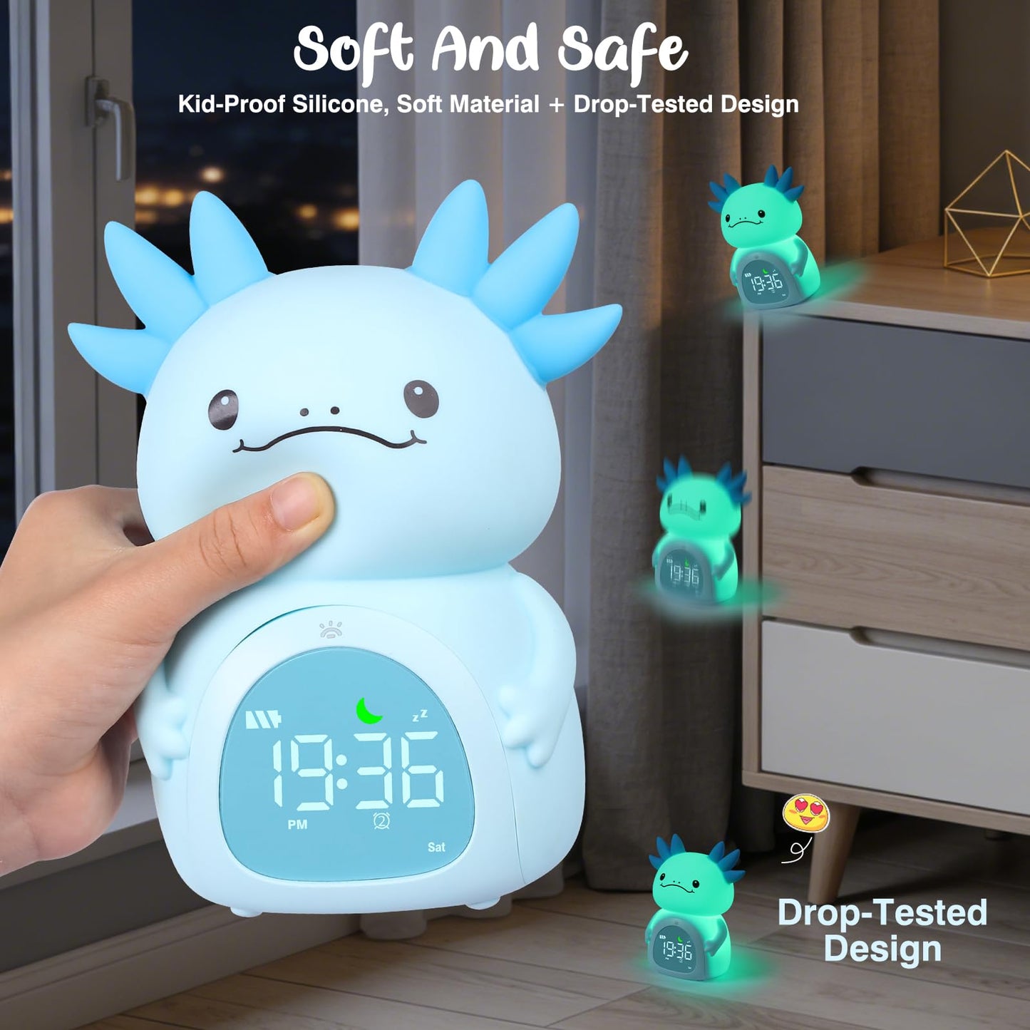 ollycasa Axolotl Alarm Clock for Kids, Rechargeable Ok to Wake Clock with Night Light - BPA-Free Silicone Sleep Training Clock, Cute Toddler Wake Up Clock for Boys Girls Bedroom