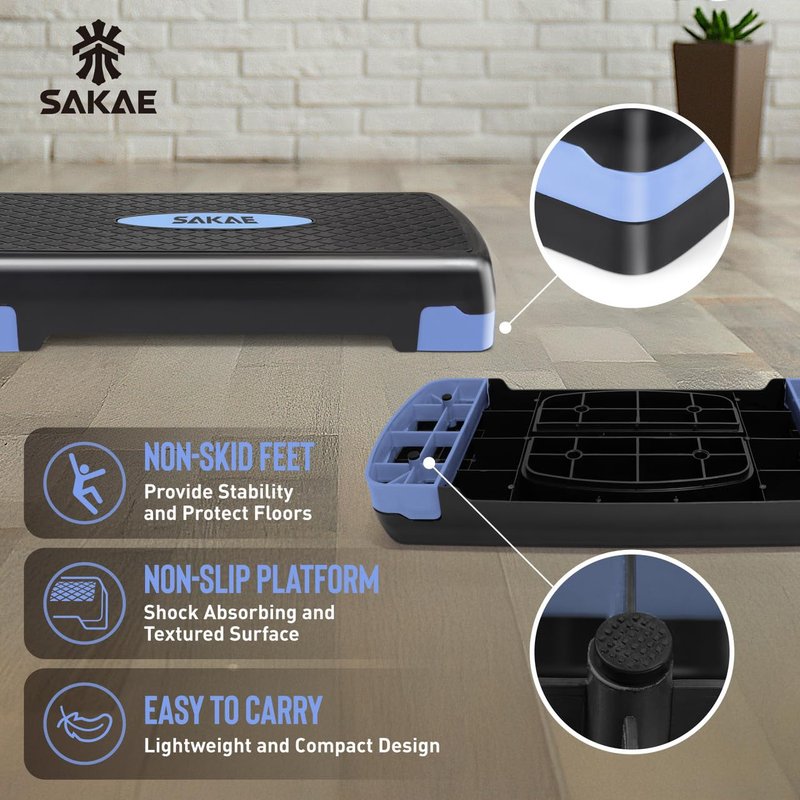 Blue Black Exercise Step Platform Set with Kettlebell & Measuring Tape, Adjustable Height 2 Level Risers Workout Step Trainer, Aerobic Steppers for Home Gym Exercise Fitness Workout