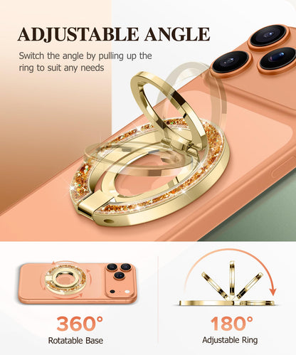 GVIEWIN Magnetic Phone Ring Holder, Compatible with MagSafe Phone Grip with Adjustable Stand, Magnet Phone Ring Kickstand for iPhone 17/16/15/14/13/12 Pro Max Plus Air/Other Phones (Glitter/Silver)