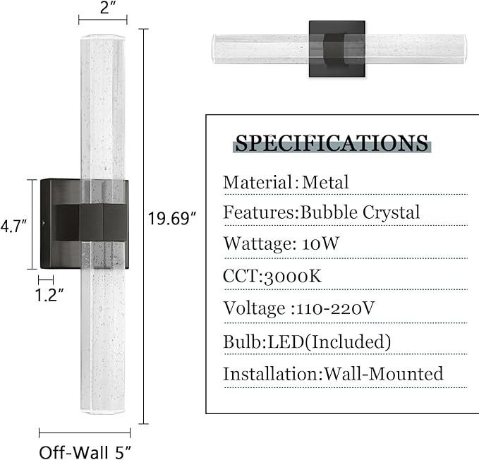 Set of 2 Black LED Wall Sconce Lights Warm Light Modern Crystal Wall Lights Vanity Lighting Fixtures Sconces for Bathroom Living Room Bedroom Dining Room Hallway