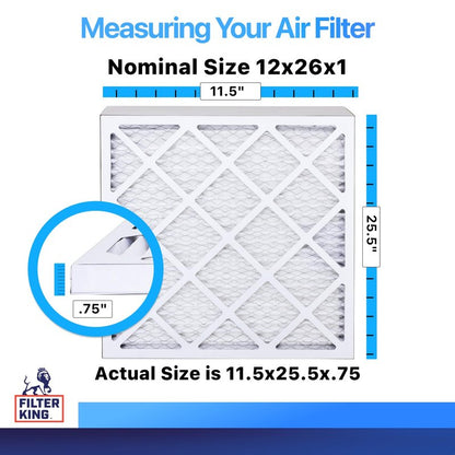 Filter King 12x26x1 Air Filter (MERV 8) (6-Pack) Dust & Allergy Control AC Furnace Filters, MADE IN USA, HVAC, Pleated, Electrostatic (Actual Size: 11.5 x 25.5 x .75)