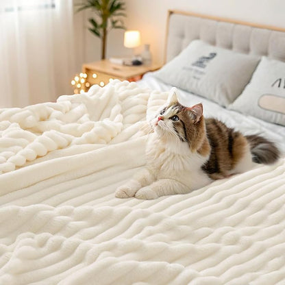 decorUhome Soft Fleece Cream White Blanket Queen Size for Bed, Cozy Fluffy Plush Flannel Large Striped Throws for Couch Sofa, Lightweight Decorative Fuzzy Blanket for Woman, 90x90 Inches