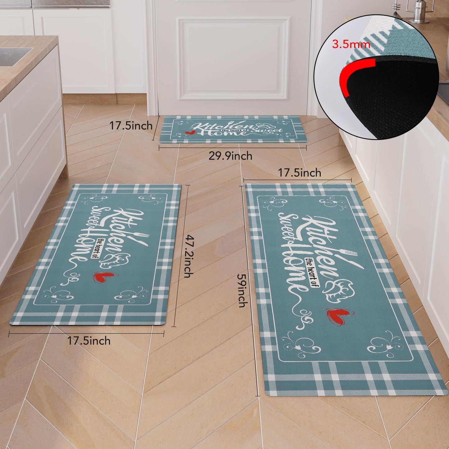 XLHOMO Kitchen Mats for Floor with Grid Design, Farmhouse 3 Piece Washable Absorbent Runner Rugs Non Slip Cushioned Kitchen Mat Comfort Rug Set for Kitchen, Floor, Office
