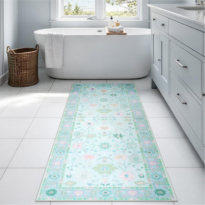 LIVEBOX Modern Oushak Bedroom Runner Rug, Boho Floral 2x6 Runners for Hallways 6ft, Non Slip Washable Soft Rug Kitchen, Ultra Thin Turkish Retro Carpet Runners for Bathroom Entryway, Blue