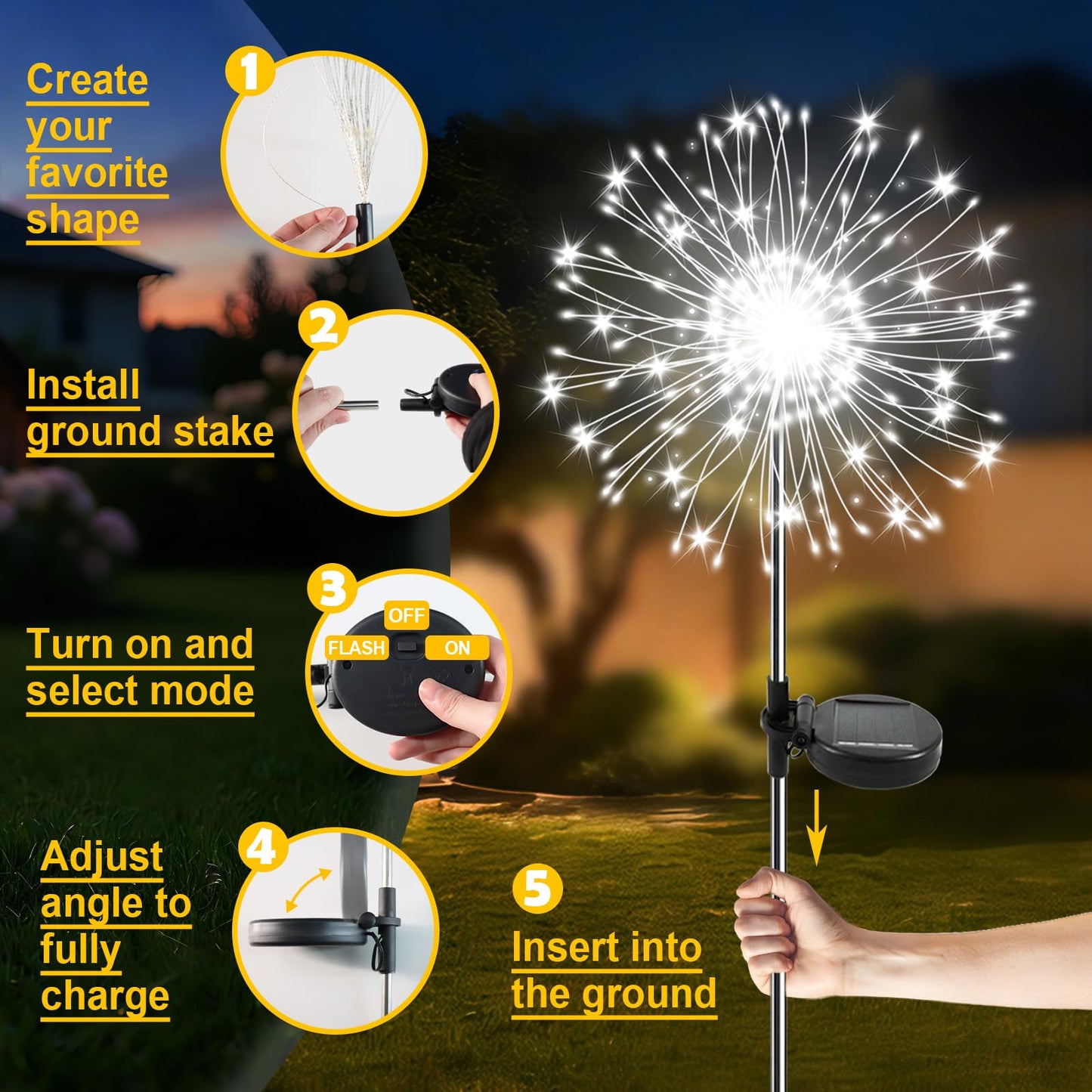 Soomit Solar Garden Lights Outdoor, 2 Pack 120 LED Twinkling Firework Lights Decorative with 2 Modes, Outdoor Waterproof Solar Starburst Light for Yard Pathway Planter Patio Decor, White