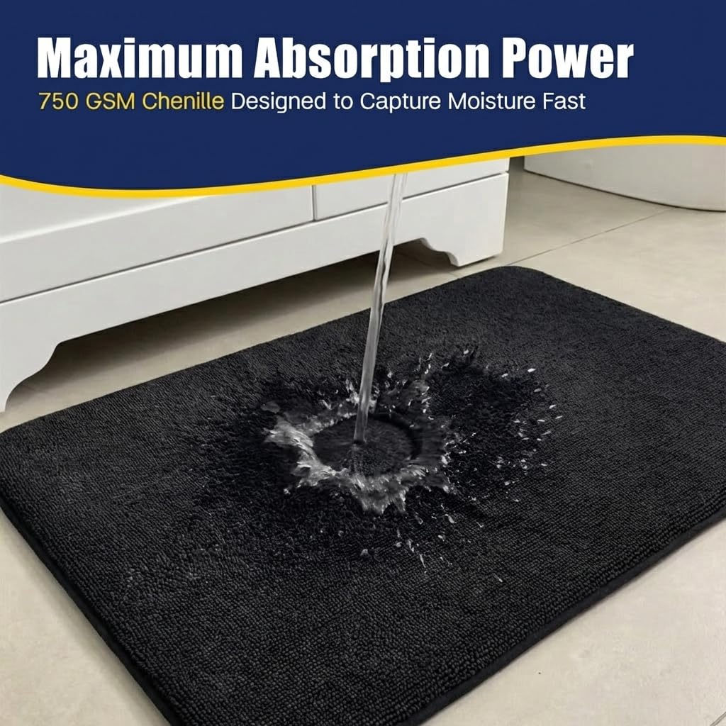 Muddy Mat® CloudStep Bathroom Rugs, Non Slip Bath Mats for Bathroom, Super Absorbent Memory Foam Chenille, Quick Dry Machine Washable Thick Toilet Rug for Shower Tub and Floor, Black 20" x 30"
