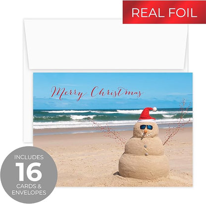 Canopy Street Masterpiece Beach Snowman Cards / 16 Merry Christmas Holiday Card Set With White Envelopes / 5 5/8" x 7 7/8" Winter Greeting Cards With Meaningful Inside Verse