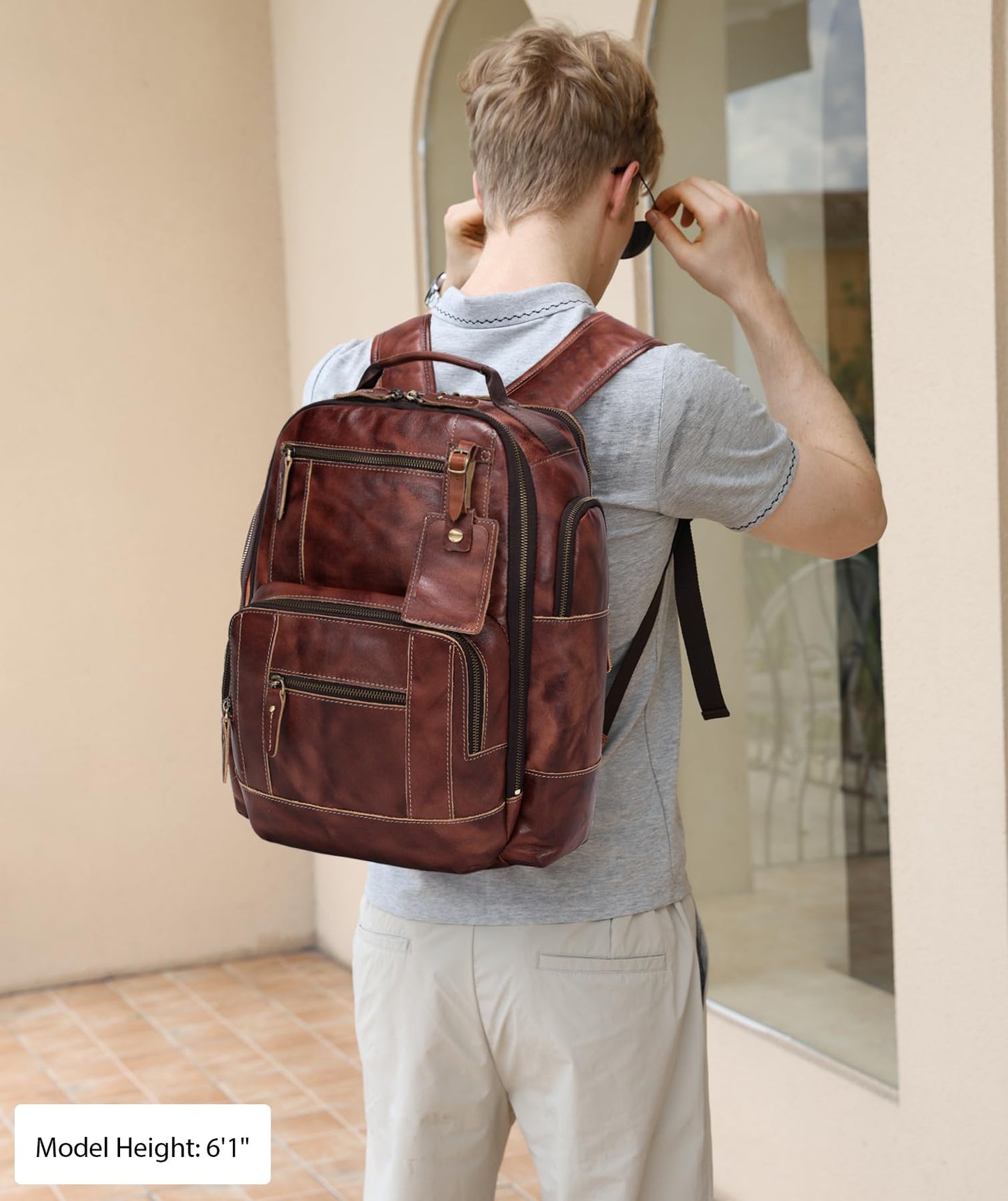 LANNSYNE Full Grain Leather Backpack For Men, Fits 16" Laptop, Coffee