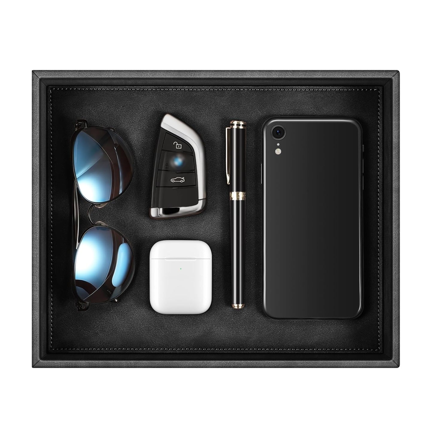 SITHON Valet Tray Desk Organizer, PU Leather Catchall Bedside Vanity Tray Nightstand Caddy Coin Box Key Jewelry Storage Organizer, Graduation, Black