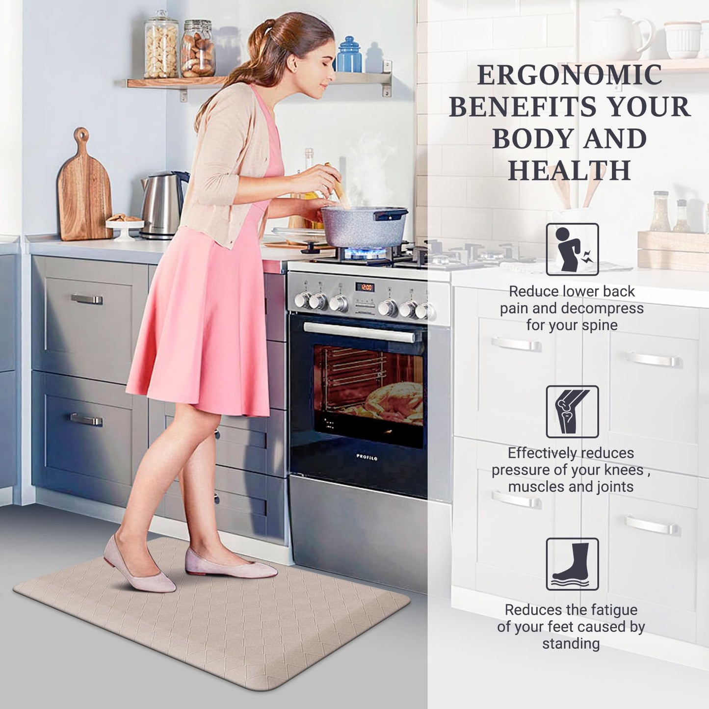 HappyTrends Kitchen Runner Rugs Anti-Fatigue mats - 4/5 Inch Thick Non Slip Waterproof Ergonomic Comfort Mat for Kitchen, Floor Home, Office, Sink, Laundry (17.3"x 28",Khaki)