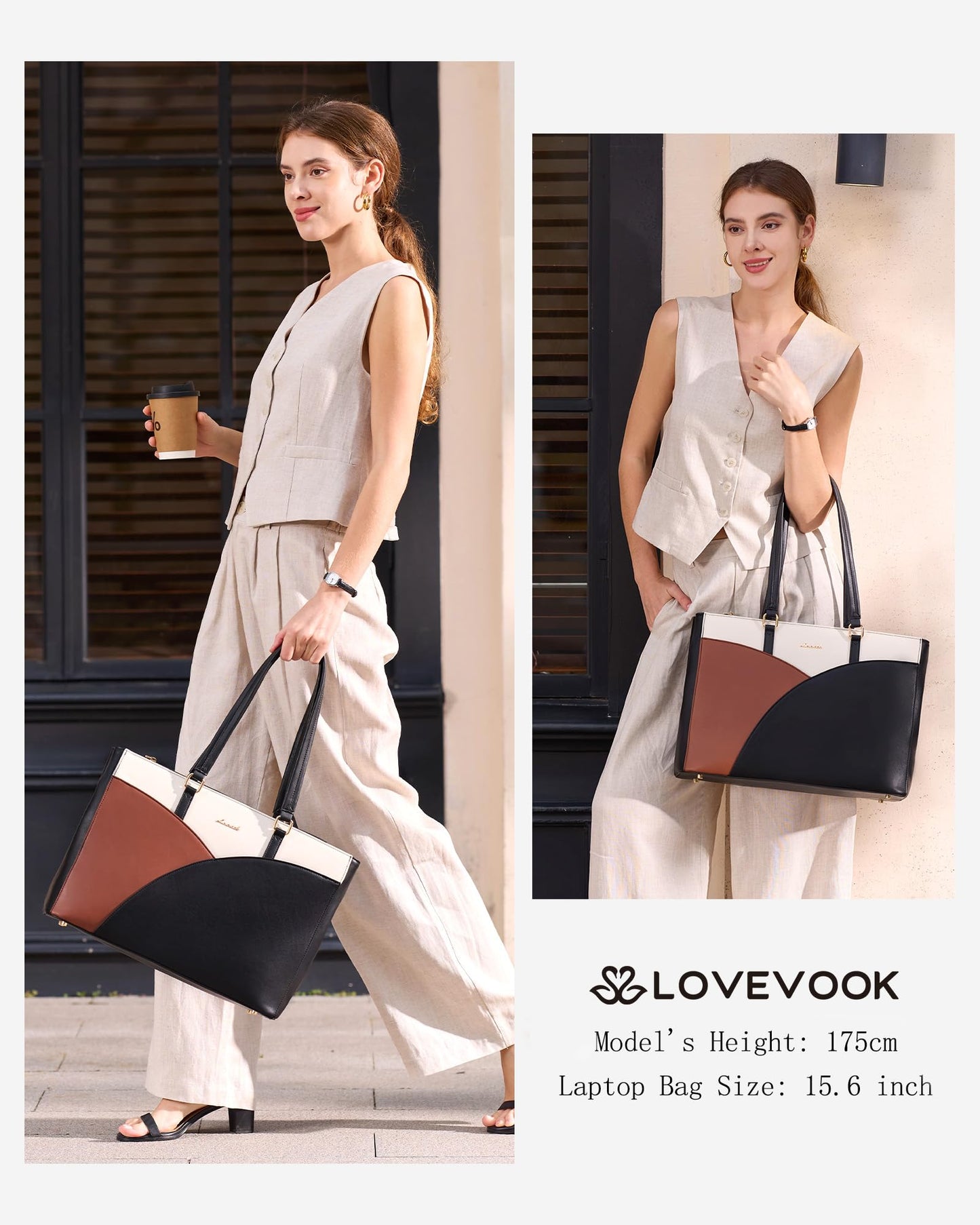 LOVEVOOK Laptop Bag for Women,15.6 Inch Work Teacher Bags Leather Tote Bag Briefcase Waterproof Computer Bag for Women，Black-White-Brown