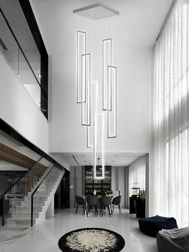 Flashing God Modern Chandelier,6 Ring Led Foyer Chandeliers,Larger High Ceiling Chandelier for Living Room,Rectangle Chandeliers for Entryway Staircase LED Dimming 2700k-6000k