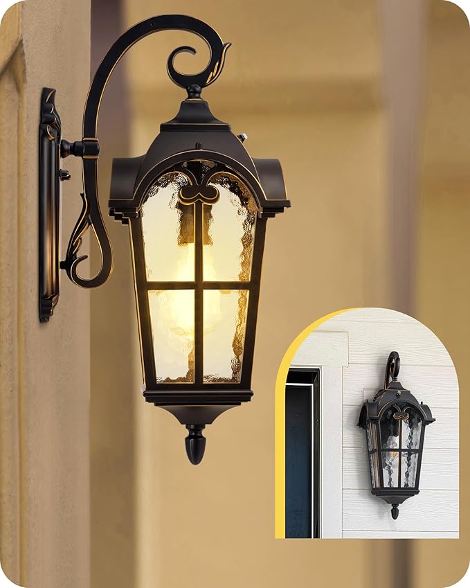 EDISHINE Dusk to Dawn Outdoor Wall Light, Roman Large Size Exterior Lantern Fixtures, E26 Base, Waterproof Porch Lights Wall Mount, Black Outside Wall Sconce, 2 Pack