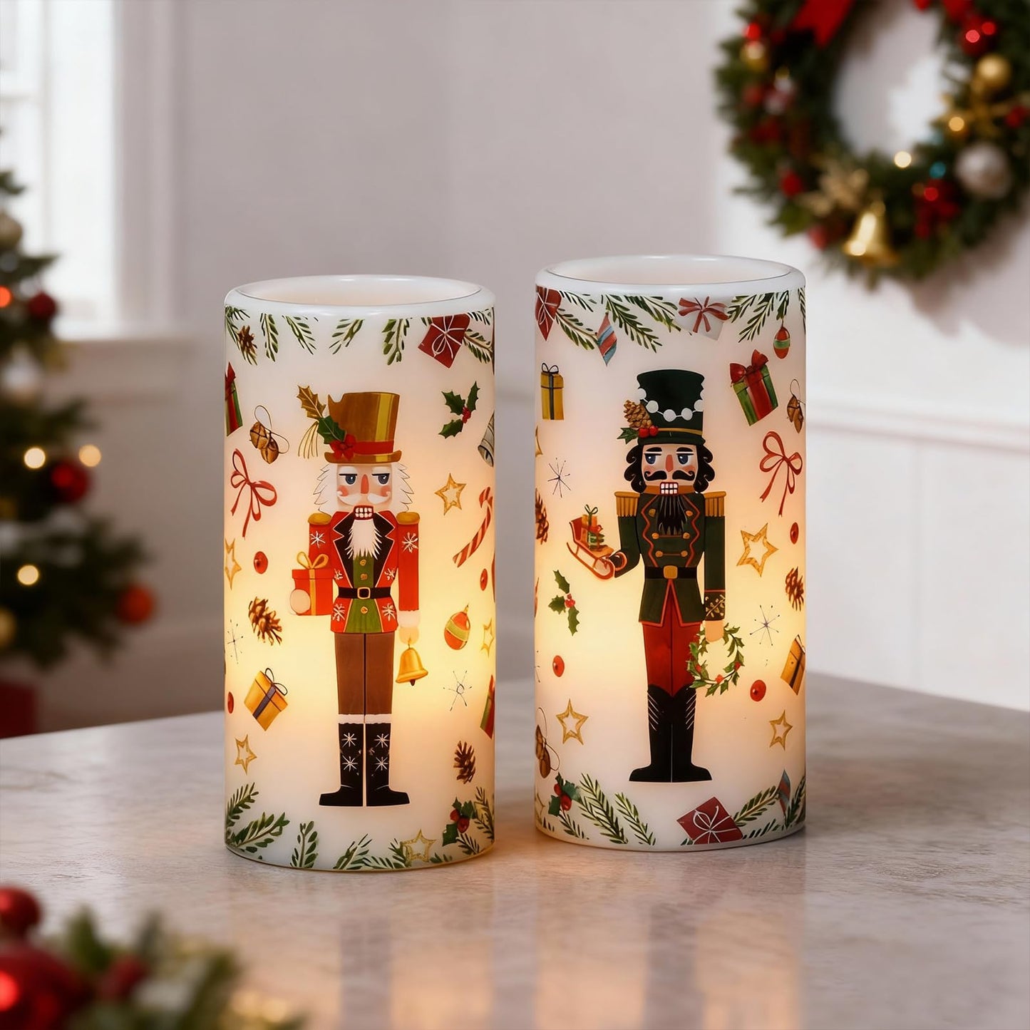Lasumora Christmas Nutcracker Flameless Pillar Candles with Remote Timer, LED Candles in Real Wax Holder, Battery Operated Candle for Christmas Décor Indoor Xmas Gifts(2 Pack, 3” x 6”)